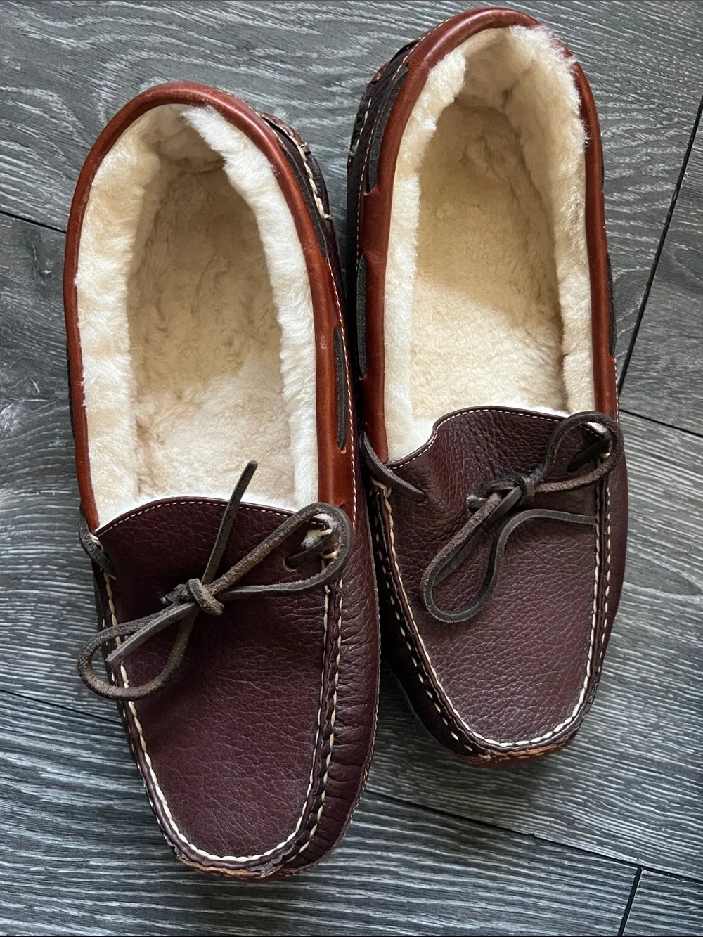 L.L. Bean Brown Leather Shearling-Lined Moccasin Slippers